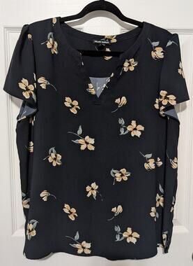 Hilary Radley Navy Blue & Gold Floral Split V-Neck Flutter Sleeve Blouse Large